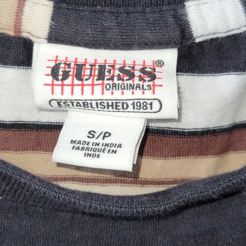 Guess Originals Mens Striped Retro Style T-Shirt Black Brown White Logo Small - Picture 3 of 7